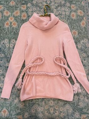 Women's Blush Pink 100% Cashmere Turtleneck Sweater with Braided Belt